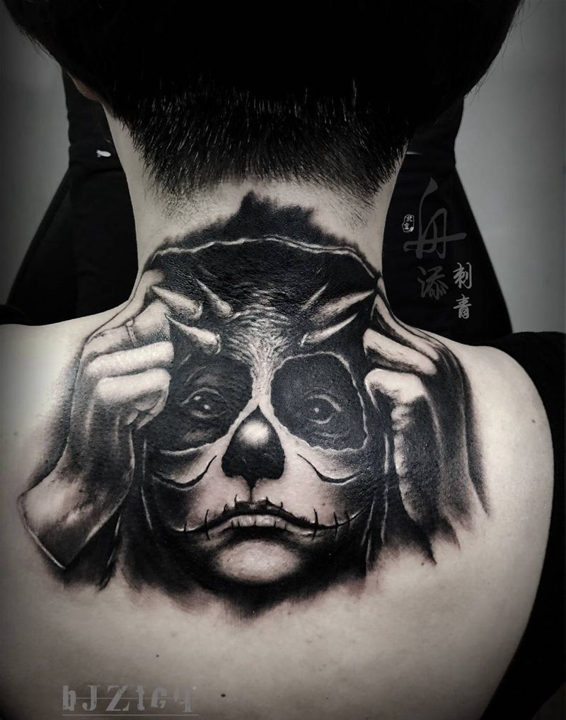 遮盖作品纹身图片_成品颈部欧美肖像纹身图案