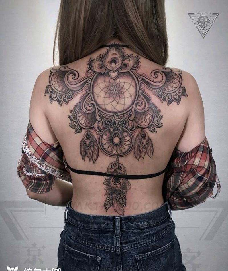 北京纹身/刺青/捕梦网/遮盖纹身图片_背部水墨点刺纹身图案