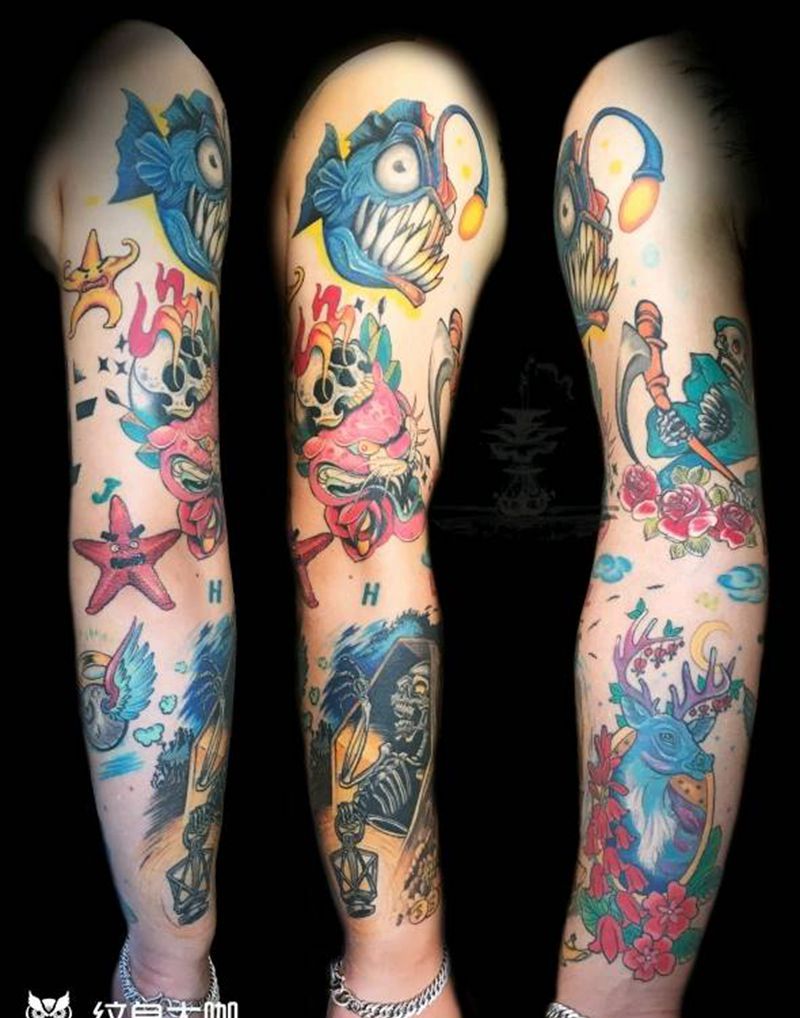 花臂纹身图片_手臂欧美动物人物植物鬼神宗教成品纹身图案