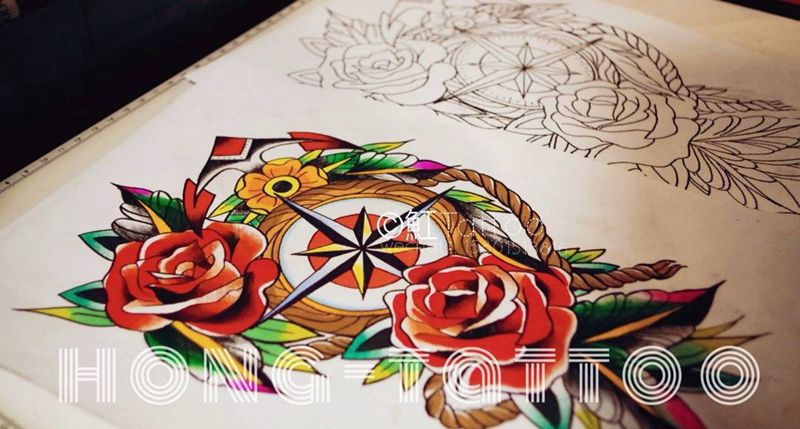 指南针+玫瑰纹身图片_成品手稿腿部欧美原创植物静物纹身图案