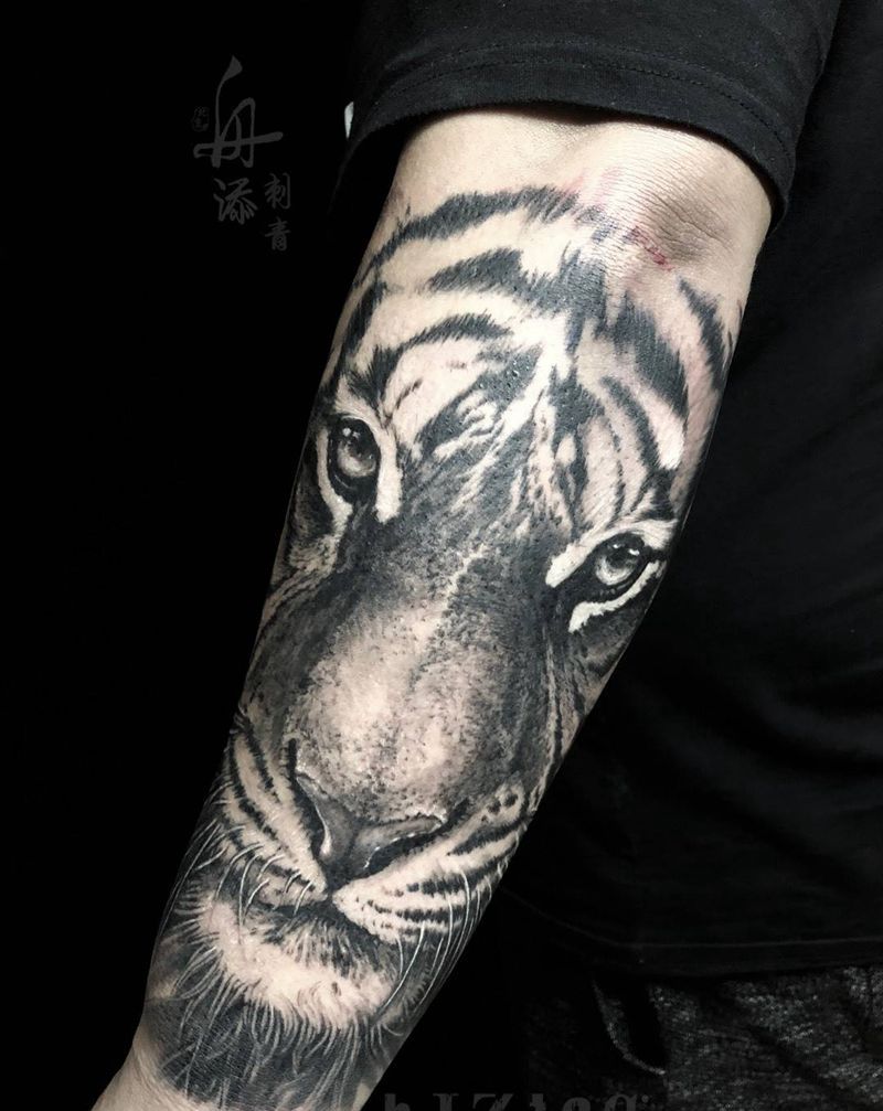 老虎纹身图片_成品手臂欧美写实动物老虎纹身图案