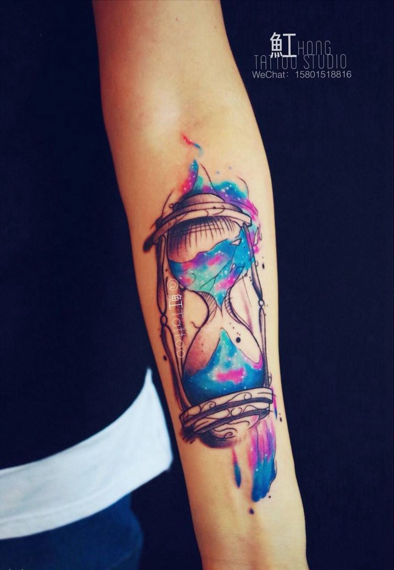 星空沙漏⏳纹身图片_成品手臂欧美清新静物纹身图案