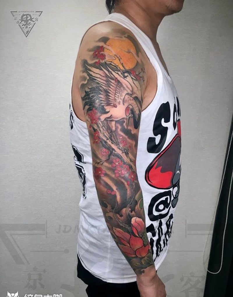 北京纹身/刺青/仙鹤花臂纹身图片_手臂新传统水墨纹身图案