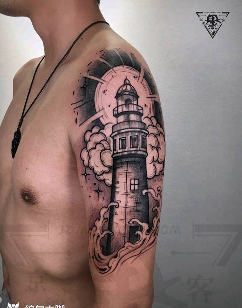 纹身/刺青/黑灰/灯塔/花臂纹身图片_手臂新传统欧美写实黑灰纹身图案