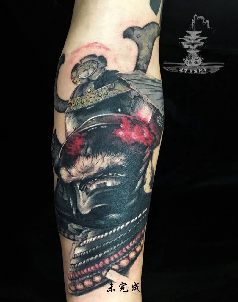 鬼武士纹身图片_手臂成品欧美人物鬼神纹身图案