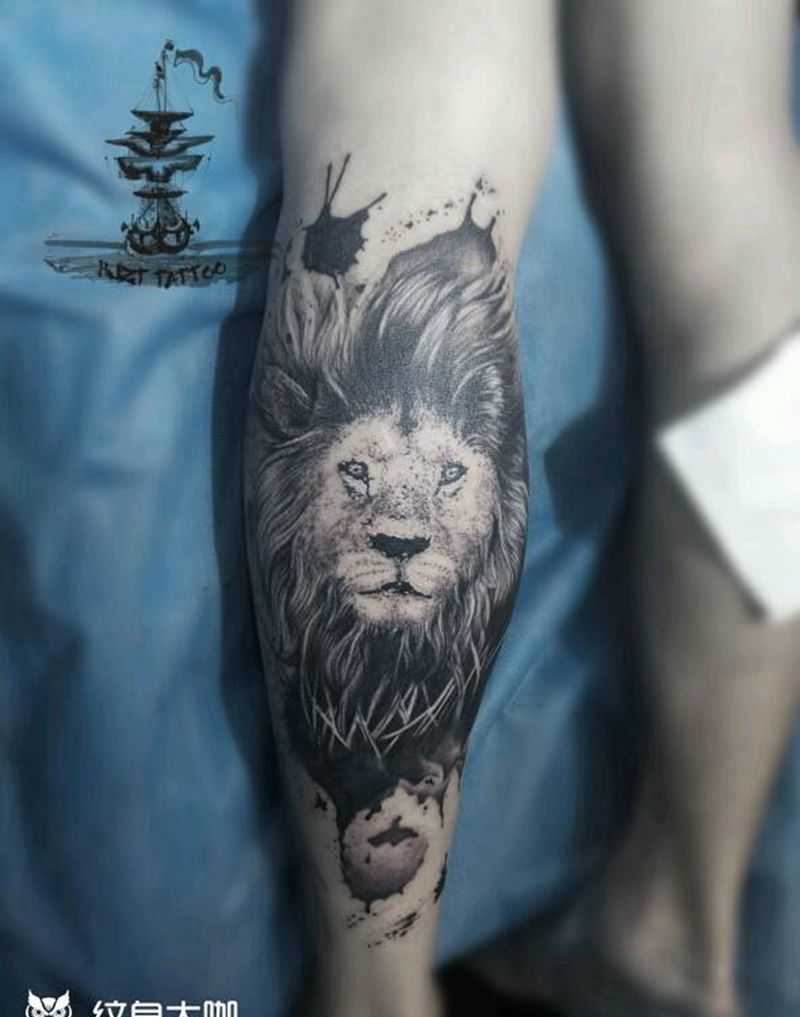 狮子纹身图片_腿部清新动物原创创意狮子水墨成品手稿纹身图案