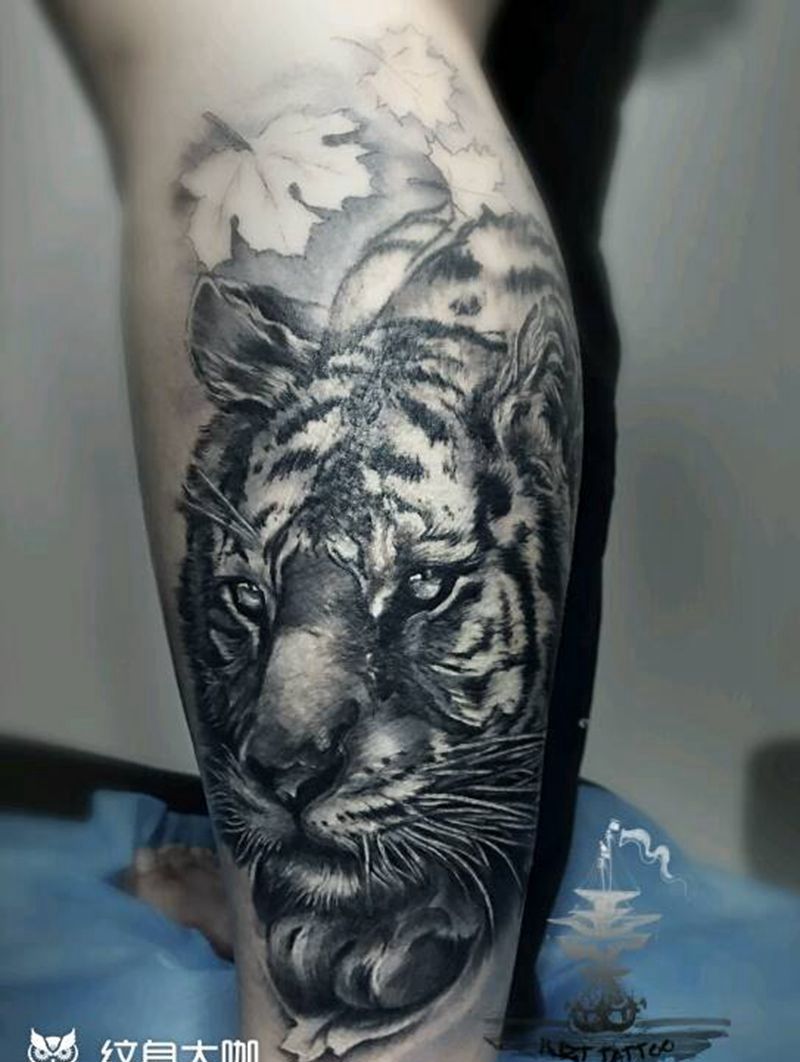 有一只老虎纹身图片_腿部欧美动物原创老虎成品纹身图案