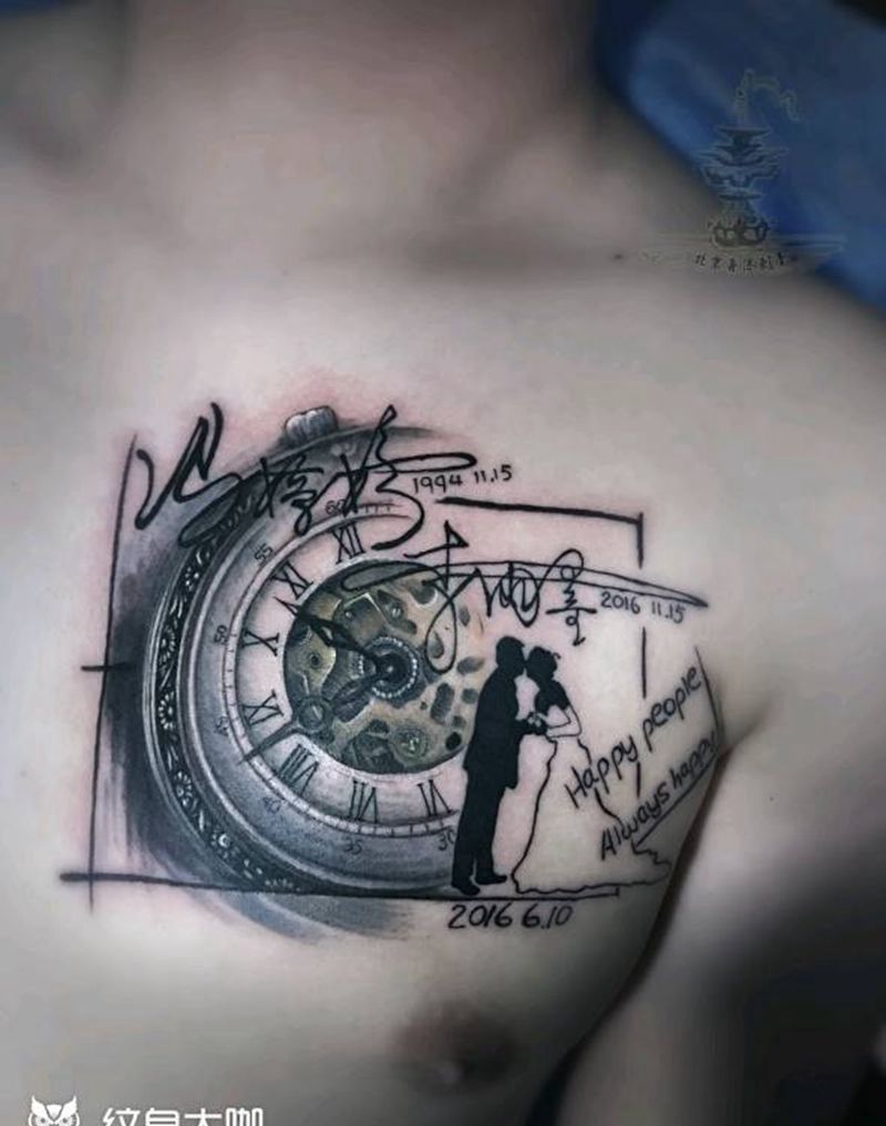 怀表纹身图片_胸部欧美清新字符情侣原创成品纹身图案