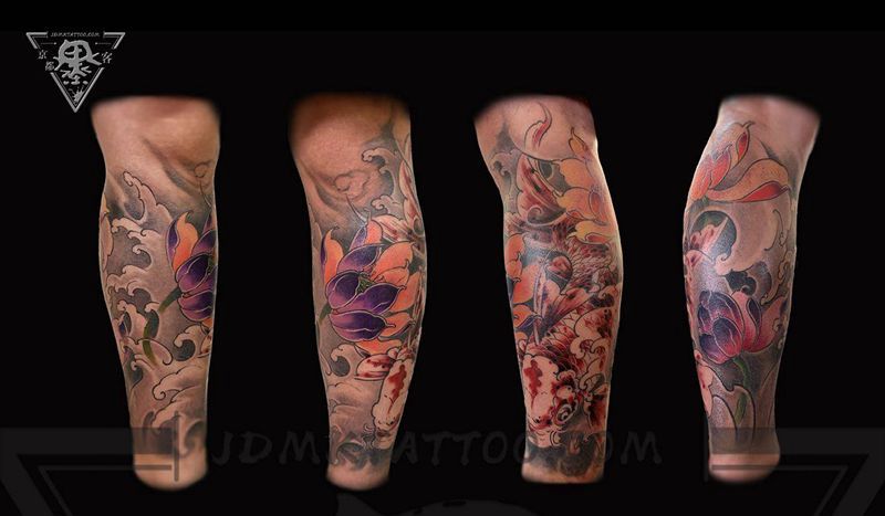 纹身/刺青/鲤鱼/锦鲤纹身图片_脚部New School新传统锦鲤鲤鱼荷花纹身图案