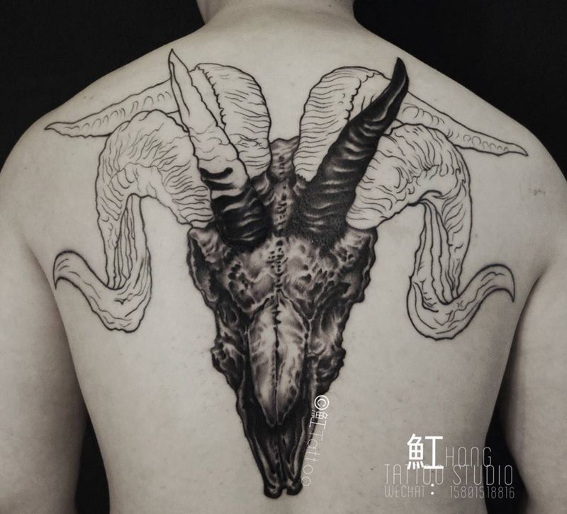 六角羊头,未完纹身图片_成品背部写实欧美肖像动物纹身图案