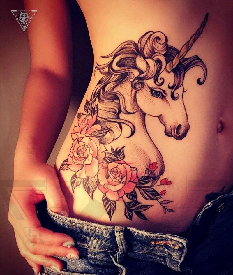 纹身/刺青/独角兽纹身图片_腰部脚部New School水彩纹身图案