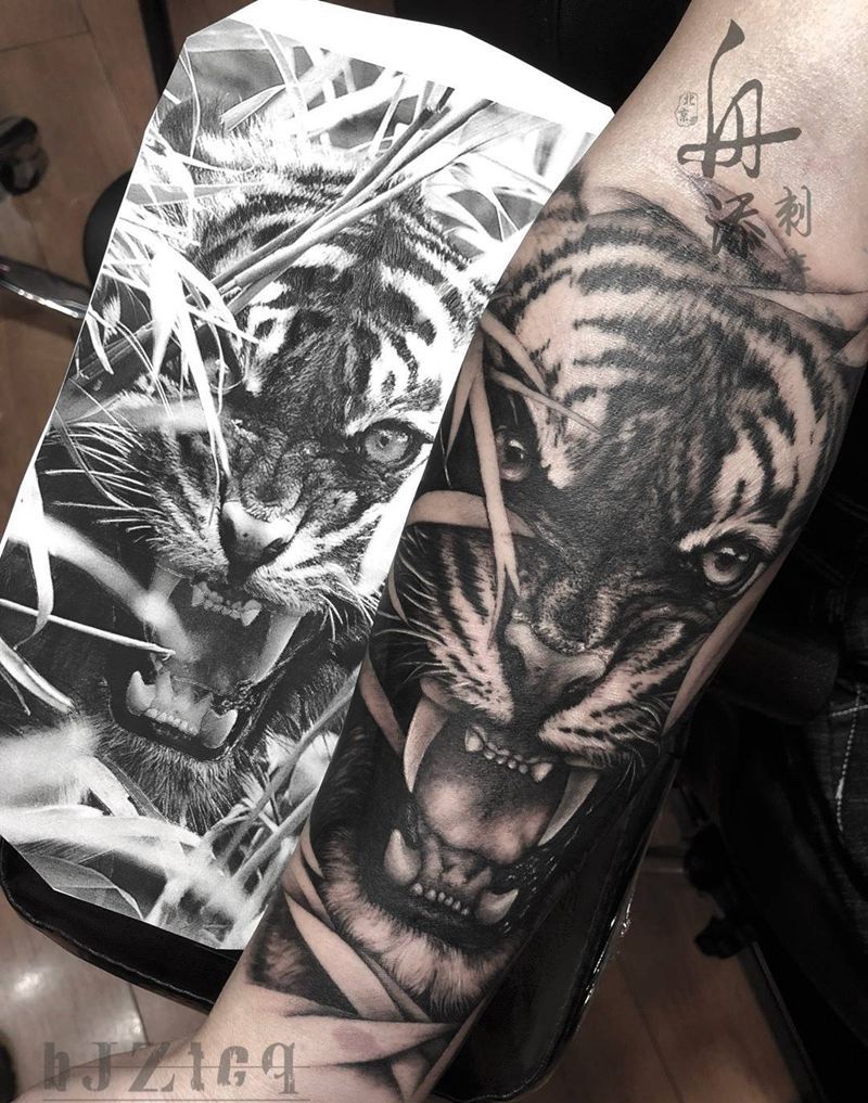 小臂虎头纹身图片_