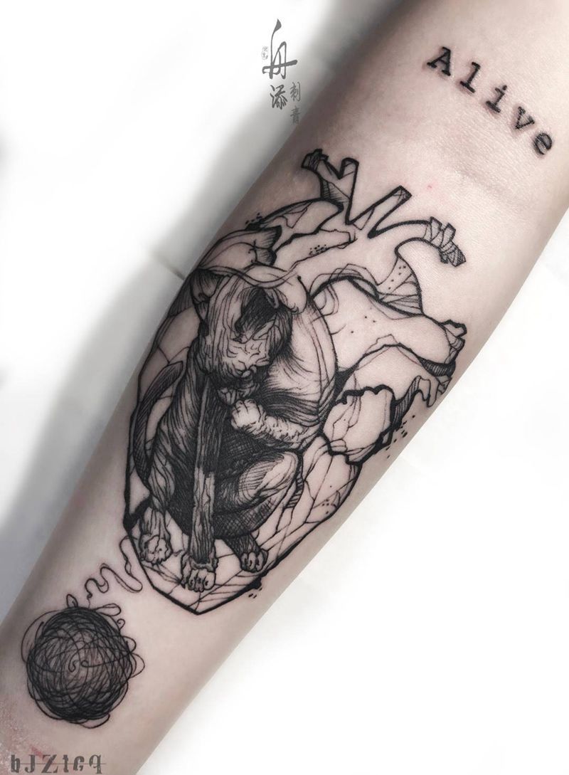 抑郁症主题纹身纹身图片_成品手臂几何原创线条抑郁自由动物纹身图案