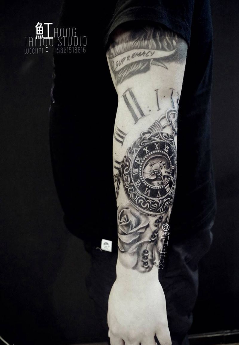 怀表&玫瑰-未完成纹身图片_成品手稿手臂写实欧美原创静物植物纹身图案