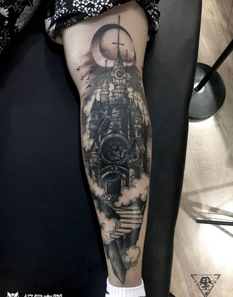 纹身/刺青/旧纹身遮盖纹身图片_腿部欧美写实新传统城堡遮盖纹身图案