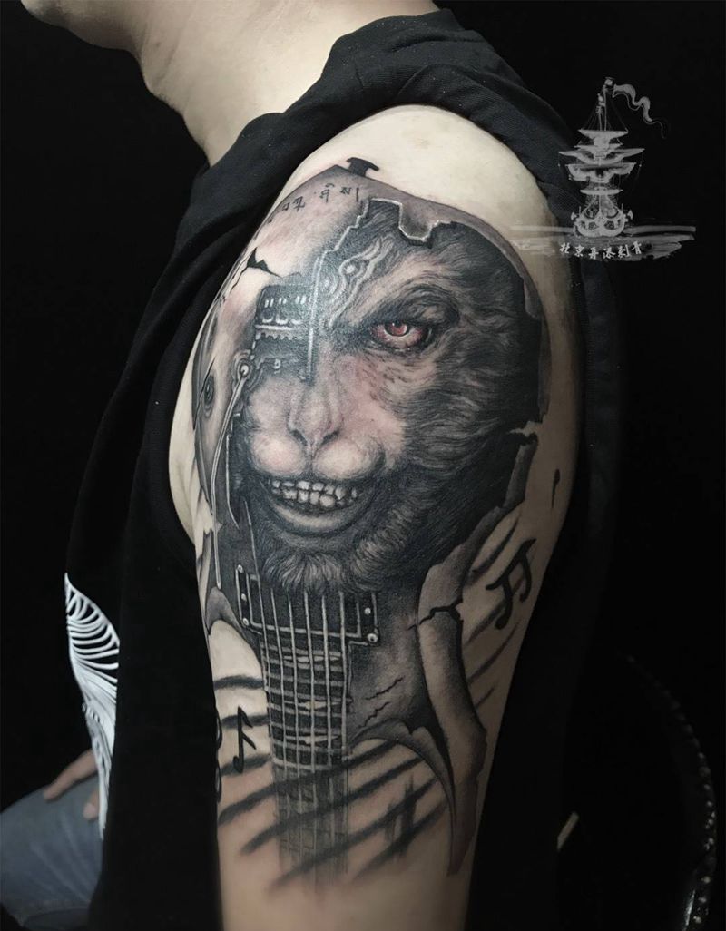 原创，猴子吉他藏文与佛纹身图片_