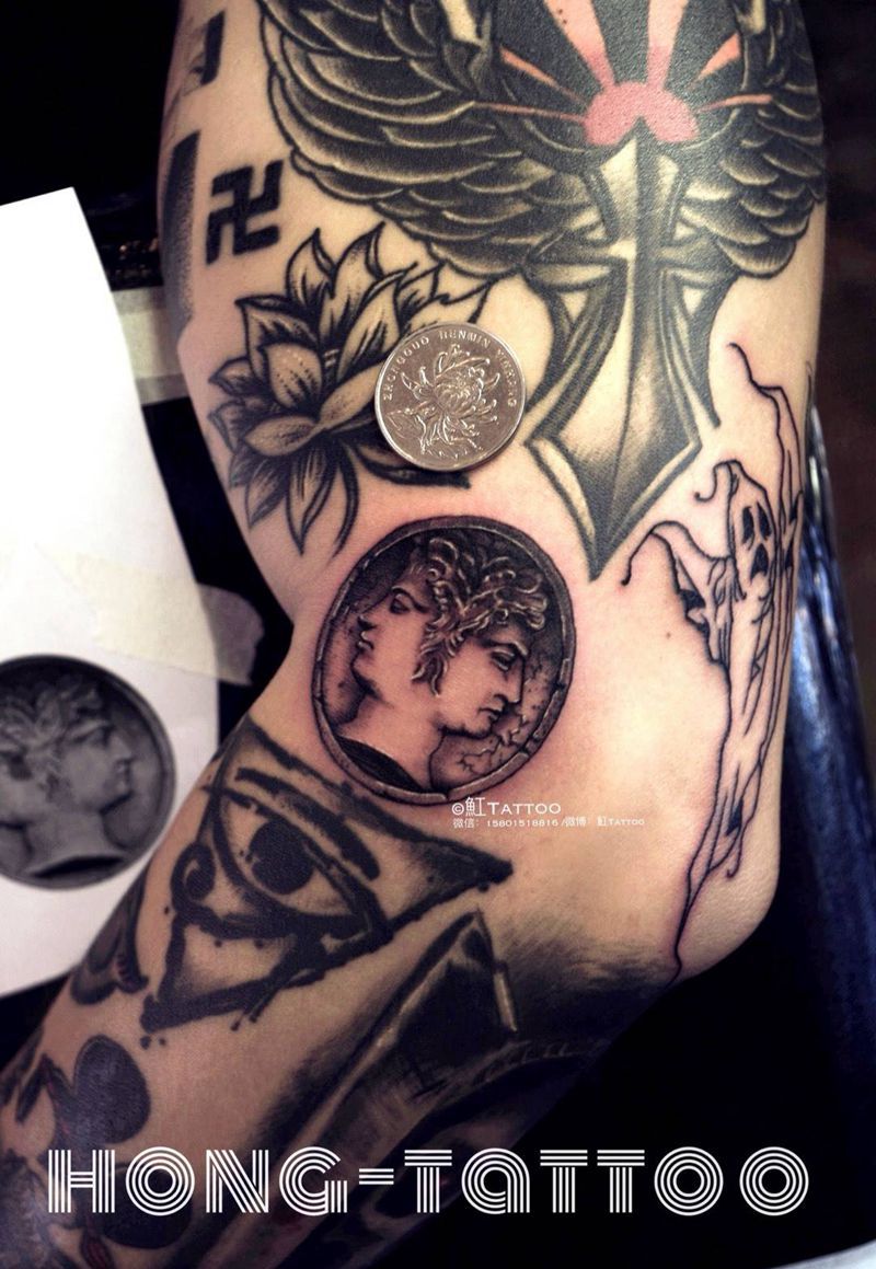 吉纳斯纹身图片_成品手臂肖像欧美写实清新原创鬼神宗教纹身图案