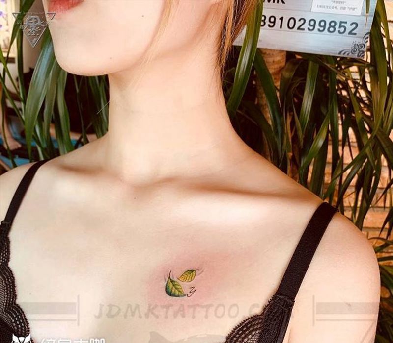 纹身/刺青/小清新/叶子纹身图片_胸部水彩小清新纹身图案