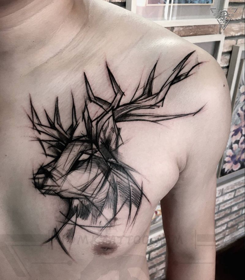 纹身/刺青/速写/线条纹身图片_手臂腿部几何New School线条鹿象纹身图案