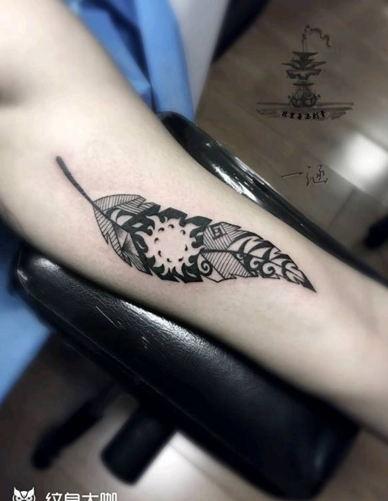 柳叶图腾纹身图片_手臂清新图腾原创成品纹身图案