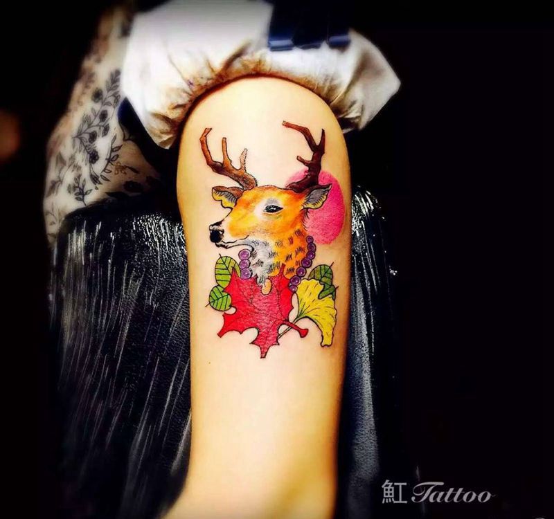为客户定制的麋鹿:)纹身图片_成品手臂欧美清新动物原创纹身图案
