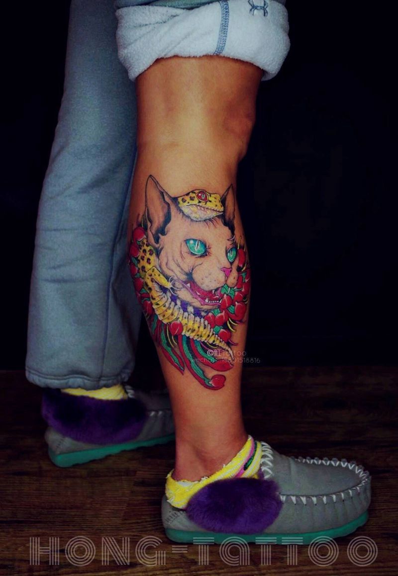 斯芬克斯&守宫纹身图片_成品手稿腿部欧美写实清新原创动物植物纹身图案