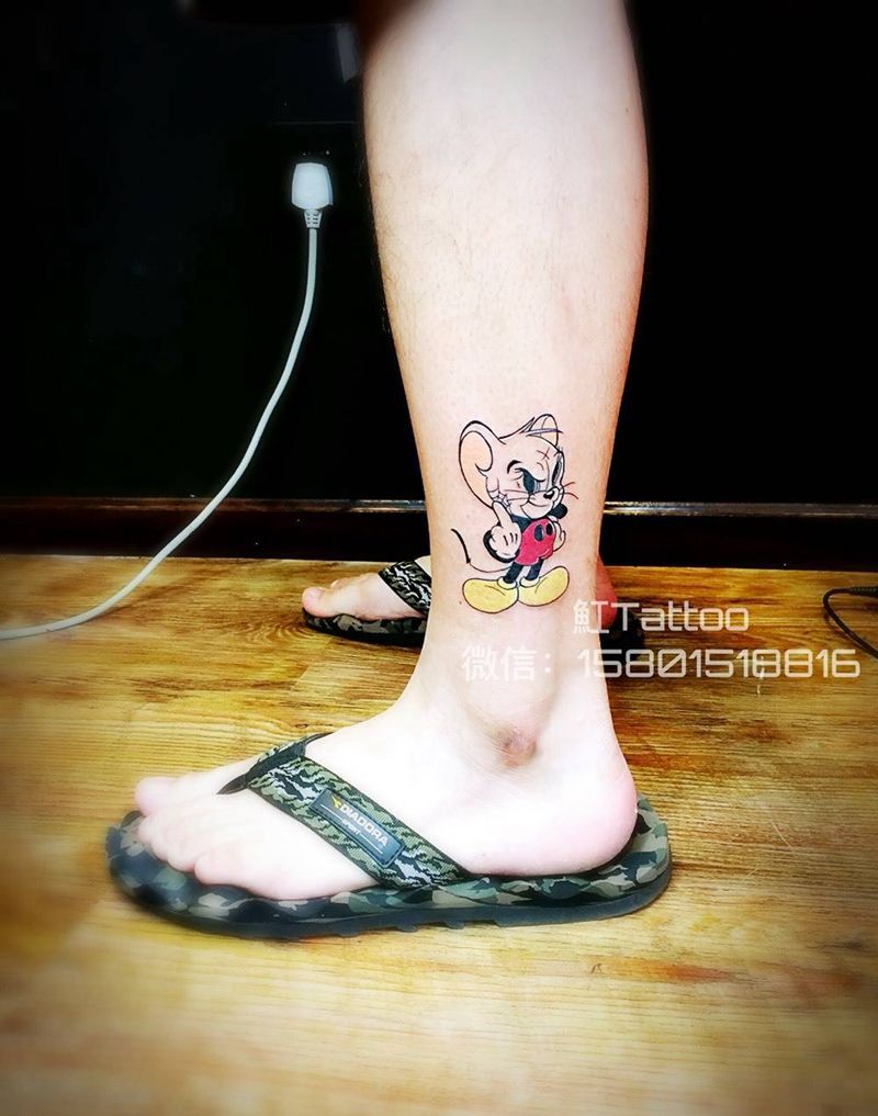 Jerry&Mickey合体纹身图片_成品脚部清新动物纹身图案