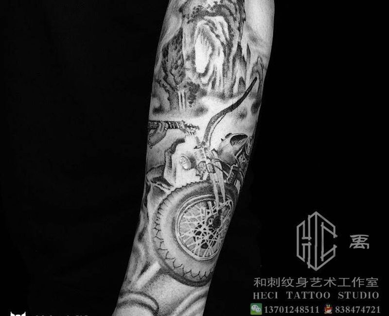 山水机车纹身图片_成品欧美国画哈雷山水纹身图案