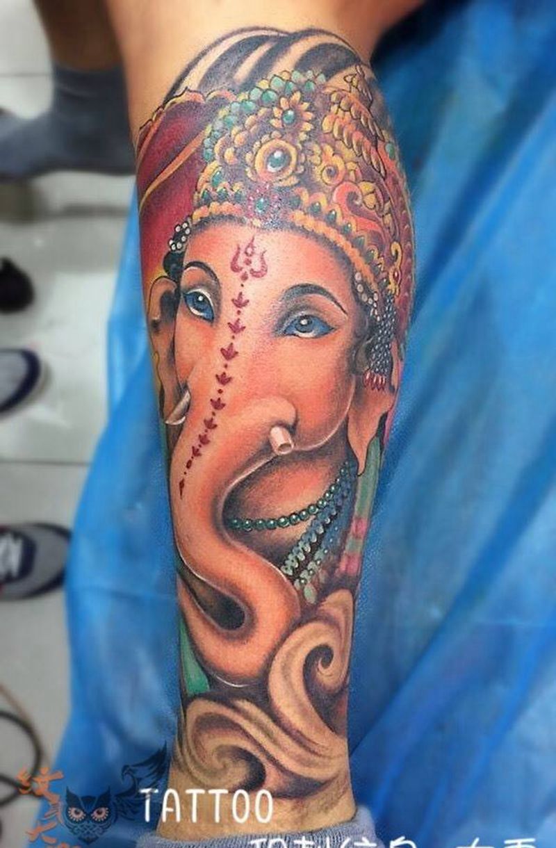 象神纹身图片_成品腿部手臂传统动物宗教图腾原创纹身图案