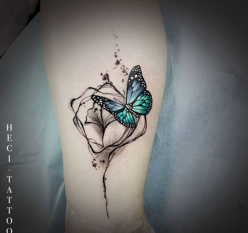复古蝴蝶纹身图片_腿部纹身图案