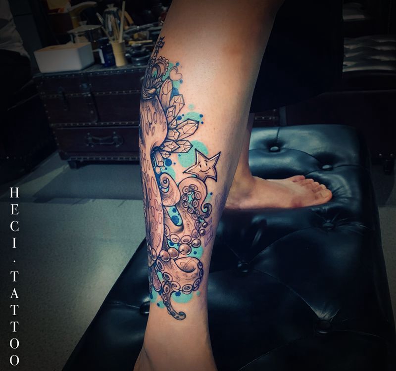 章鱼哥纹身图片_腿部纹身图案