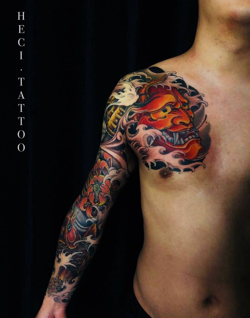 传统纹身图片_成品手臂胸部传统花臂半甲般若鱼纹身图案