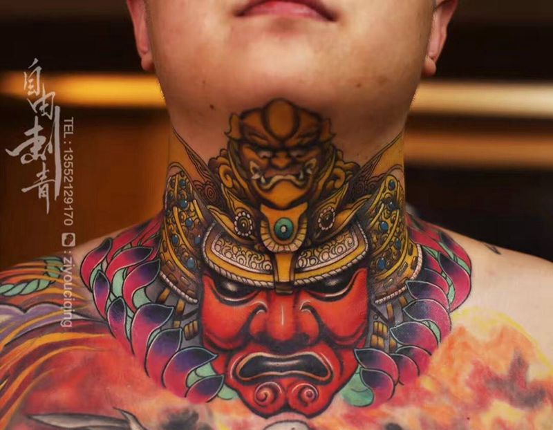 脖子日本武士纹身作品纹身图片_成品颈部传统人物纹身图案