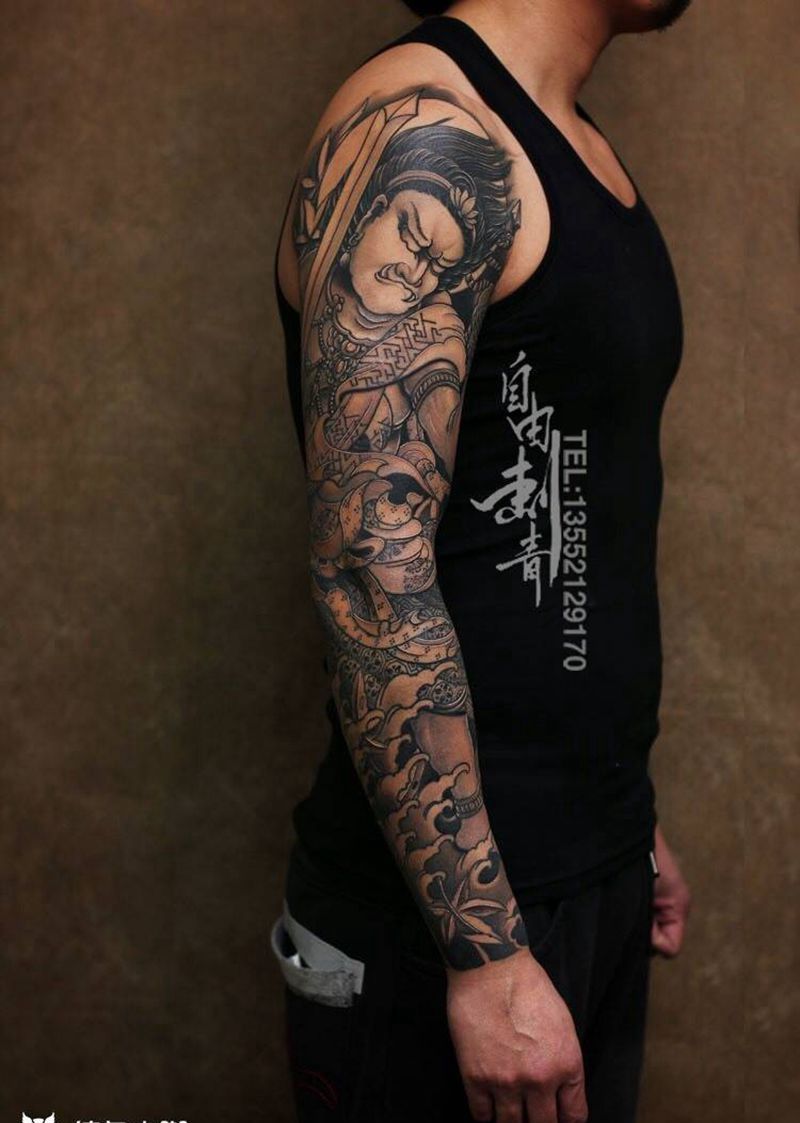 不动明王花臂纹身图片_成品手臂肩部传统人物宗教原创纹身图案