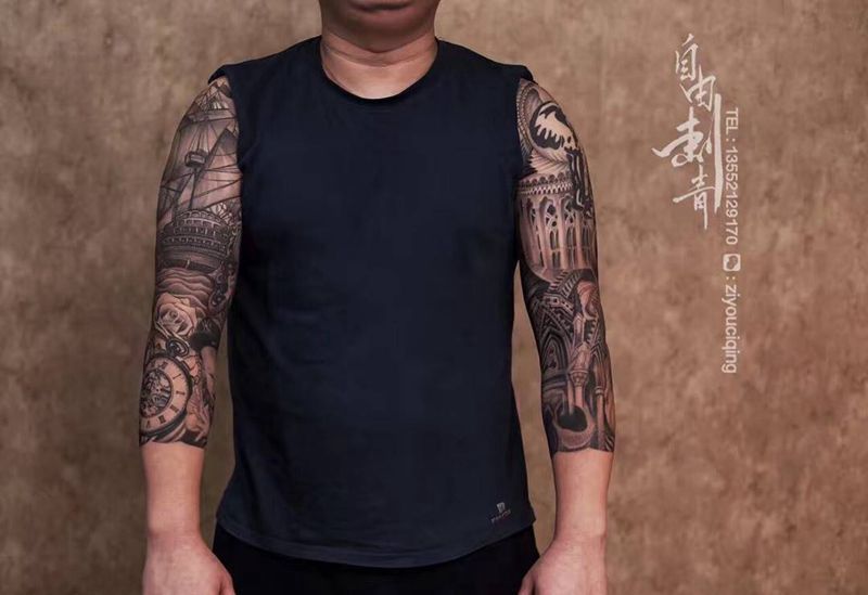 欧美黑白双七分袖纹身图片_成品手臂手部欧美写实人物植物动物纹身图案