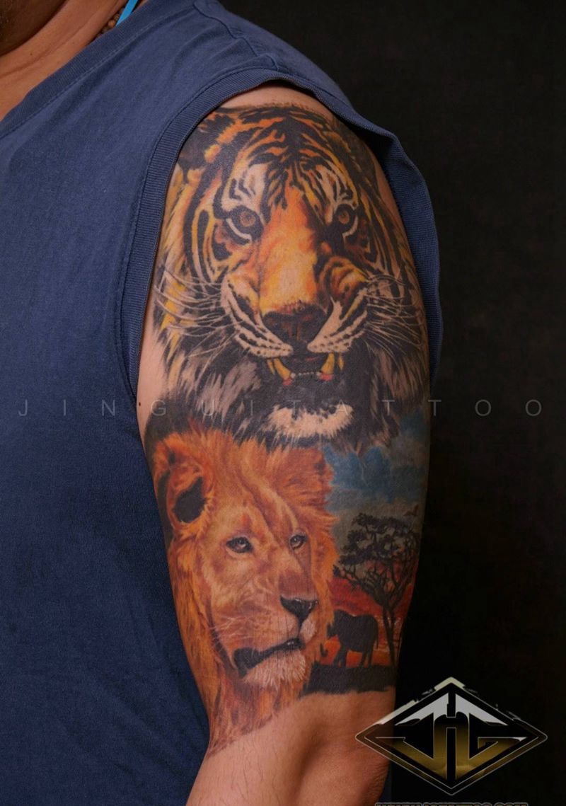 老虎狮子纹身图片_