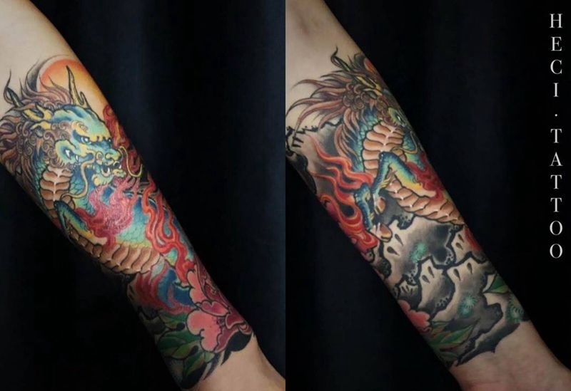 疤痕遮盖纹身图片_成品手臂传统遮盖纹身图案