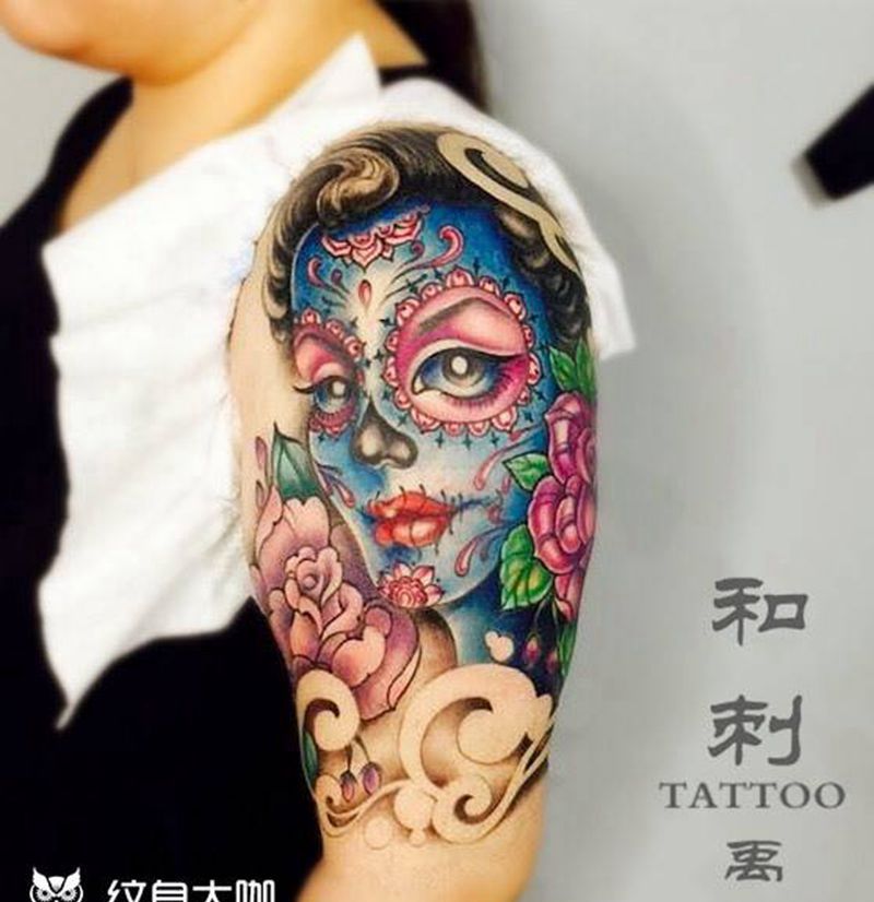 亡灵女孩纹身图片_成品手臂欧美人物纹身图案