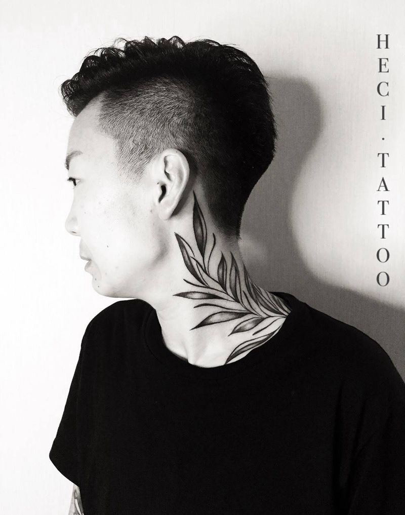 叶纹身图片_成品颈部清新纹身图案