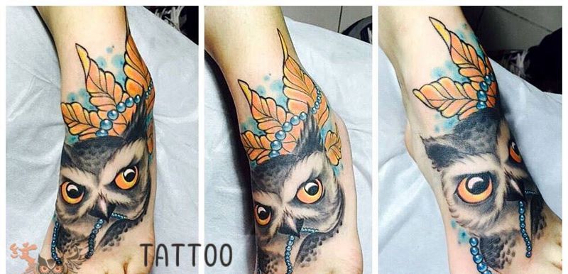 猫头鹰纹身图片_成品脚部手臂腰部腹部胸部欧美写实动物植物纹身图案