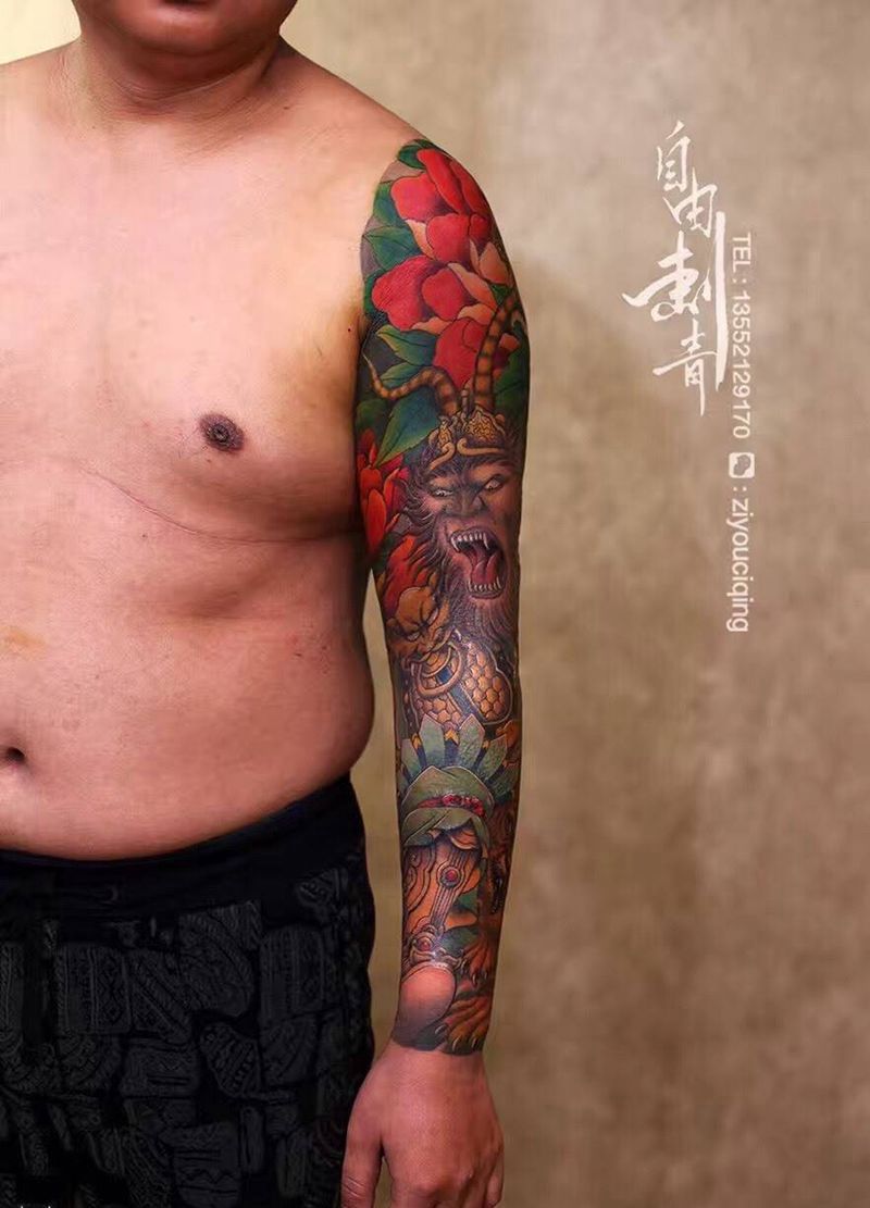 孙悟空花臂纹身纹身图片_成品手臂手部传统鬼神人物纹身图案