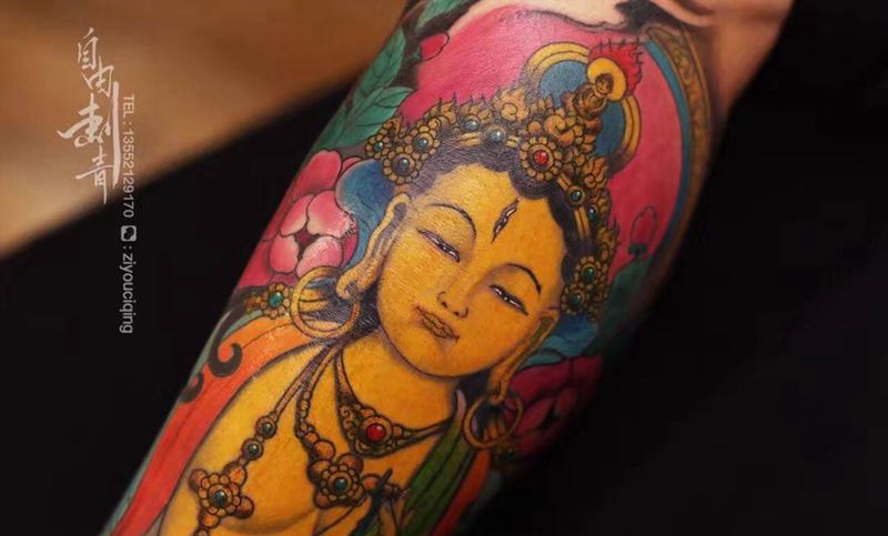 度母纹身纹身图片_成品腿部传统宗教自由刺青纹身图案