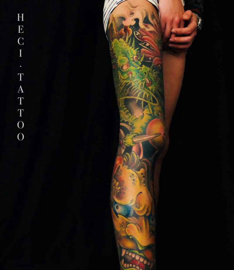 花腿纹身图片_成品腿部传统动物龙花腿唐狮子狮子纹身图案