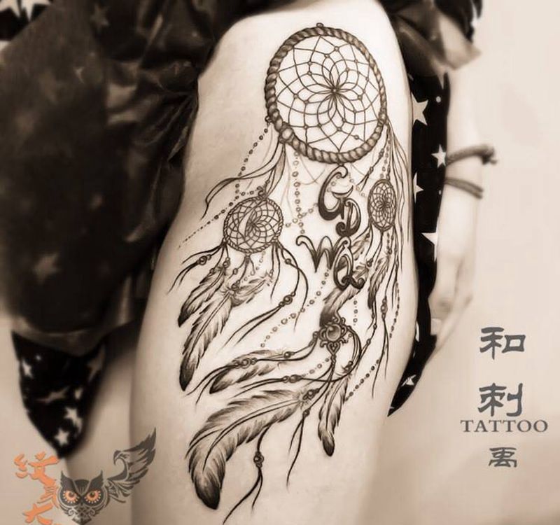 捕梦网纹身图片_成品腿部欧美清新习俗原创静物几何手臂腰部纹身图案