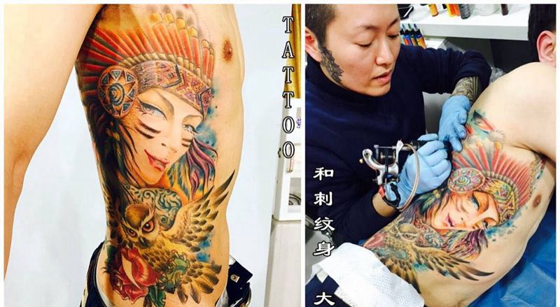 印第安纹身图片_成品腰部欧美肖像动物人物印第安纹身图案