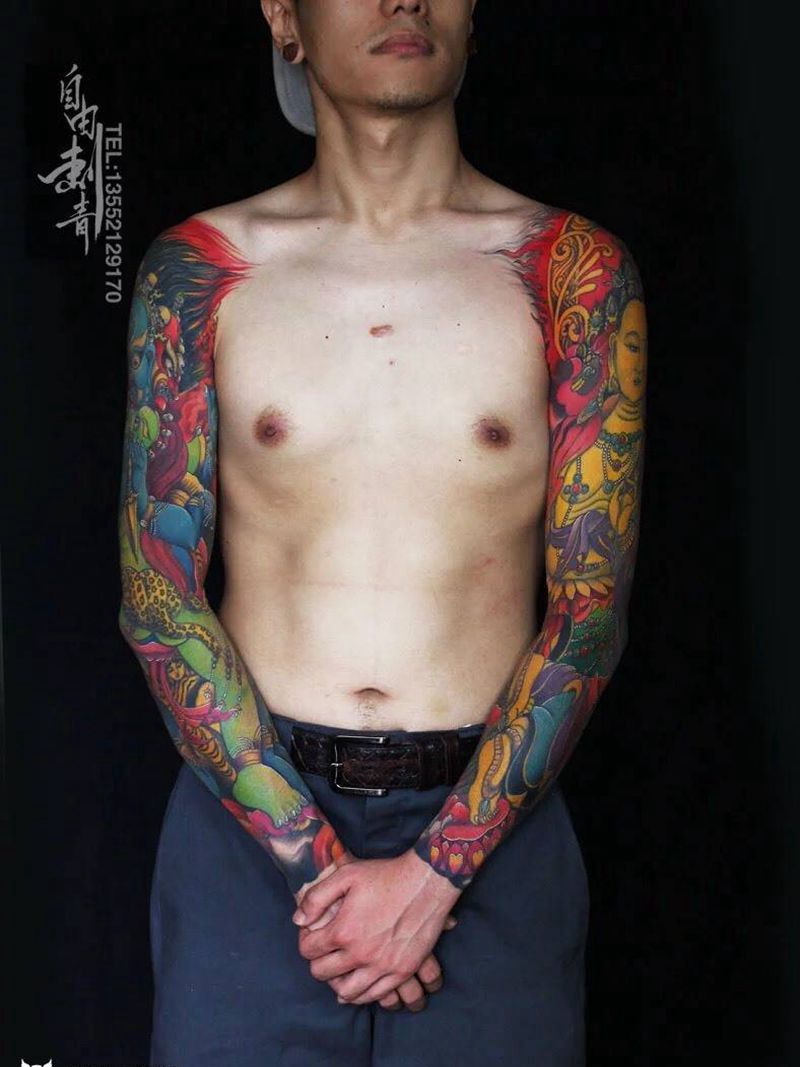 传统彩色双花臂纹身图片_传统手臂宗教成品纹身图案