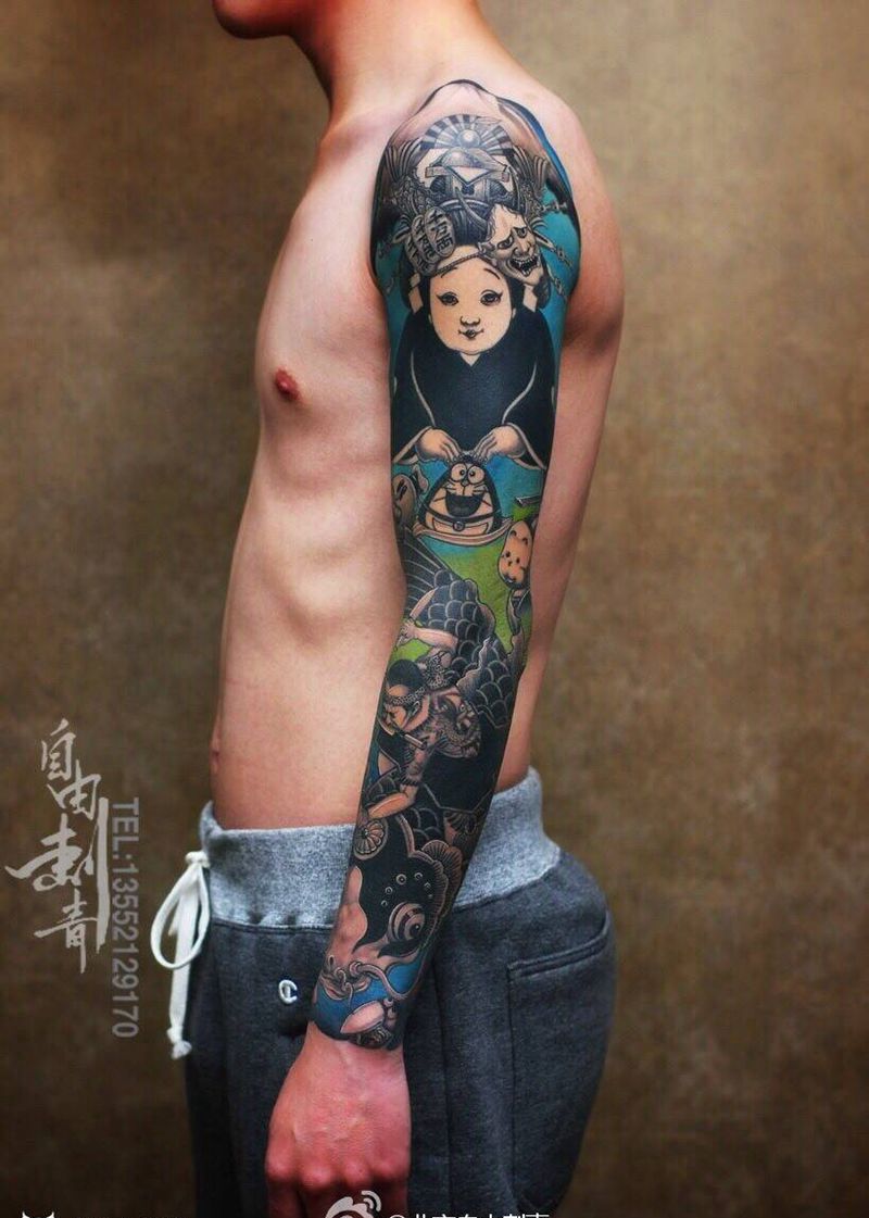 插画花臂纹身图片_插画成品手臂肩部纹身图案