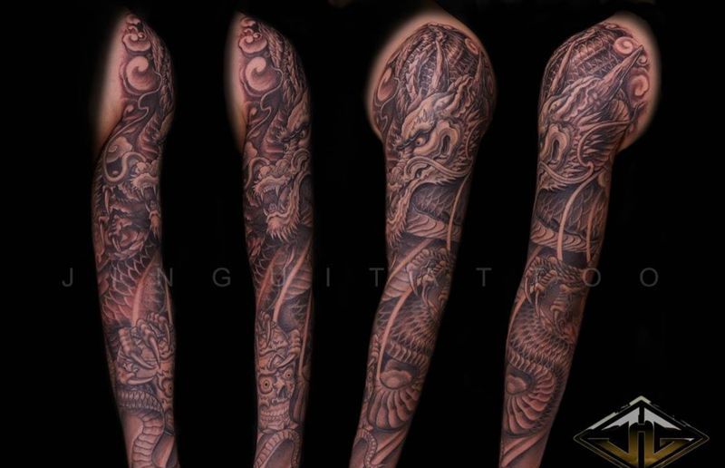 龙花臂纹身图片_