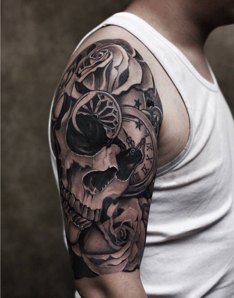 覆盖图，骷髅，未完纹身图片_鬼神肩部臀部纹身图案