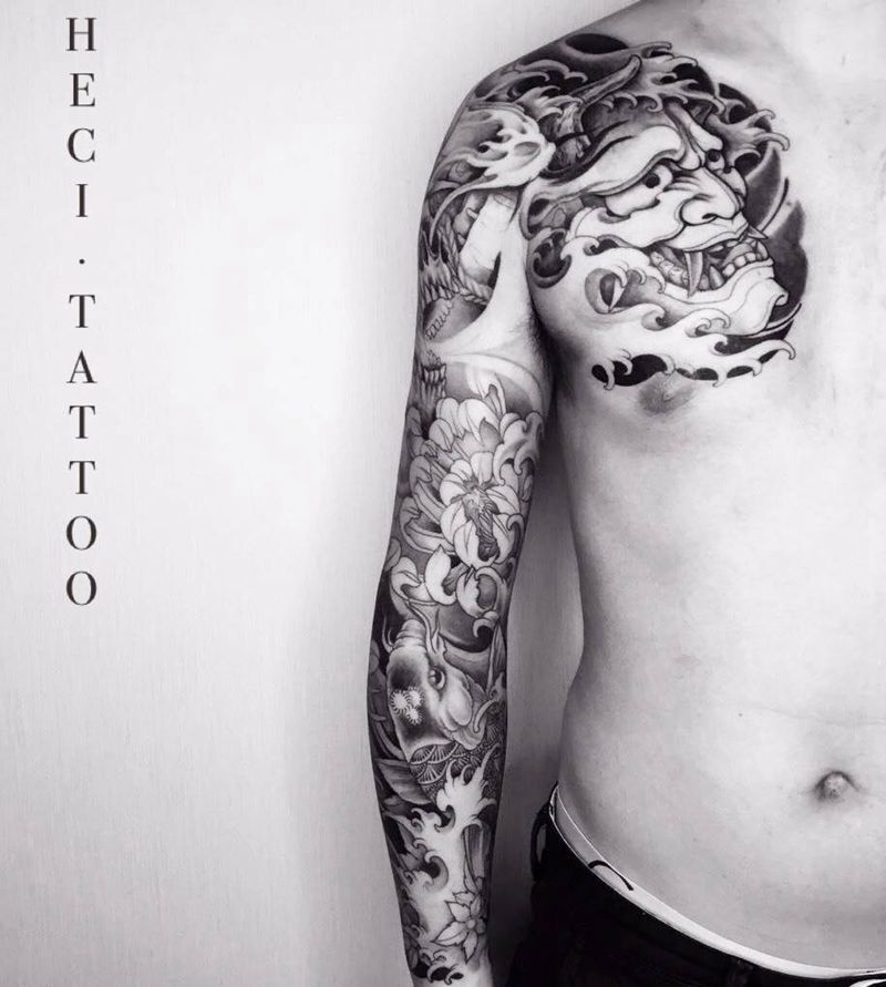 花臂+半甲纹身图片_成品手臂胸部传统鬼神宗教静物锦鲤嘎巴拉纹身图案